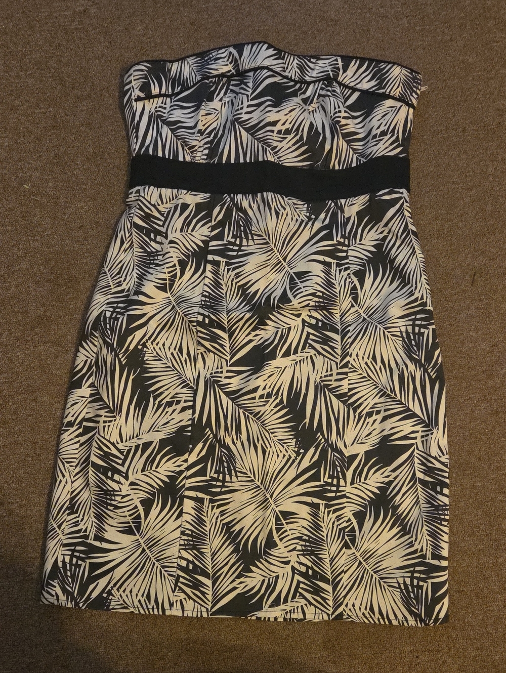 H&M Strapless Black Dress with Cream Tropical Leaf Print